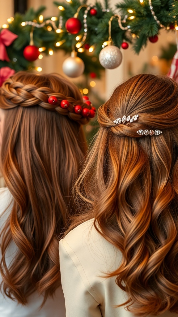 Elegant Christmas Hairstyles for Long Hair Elegant Christmas hairstyles for long hair, including a braided crown and loose waves with festive accessories.